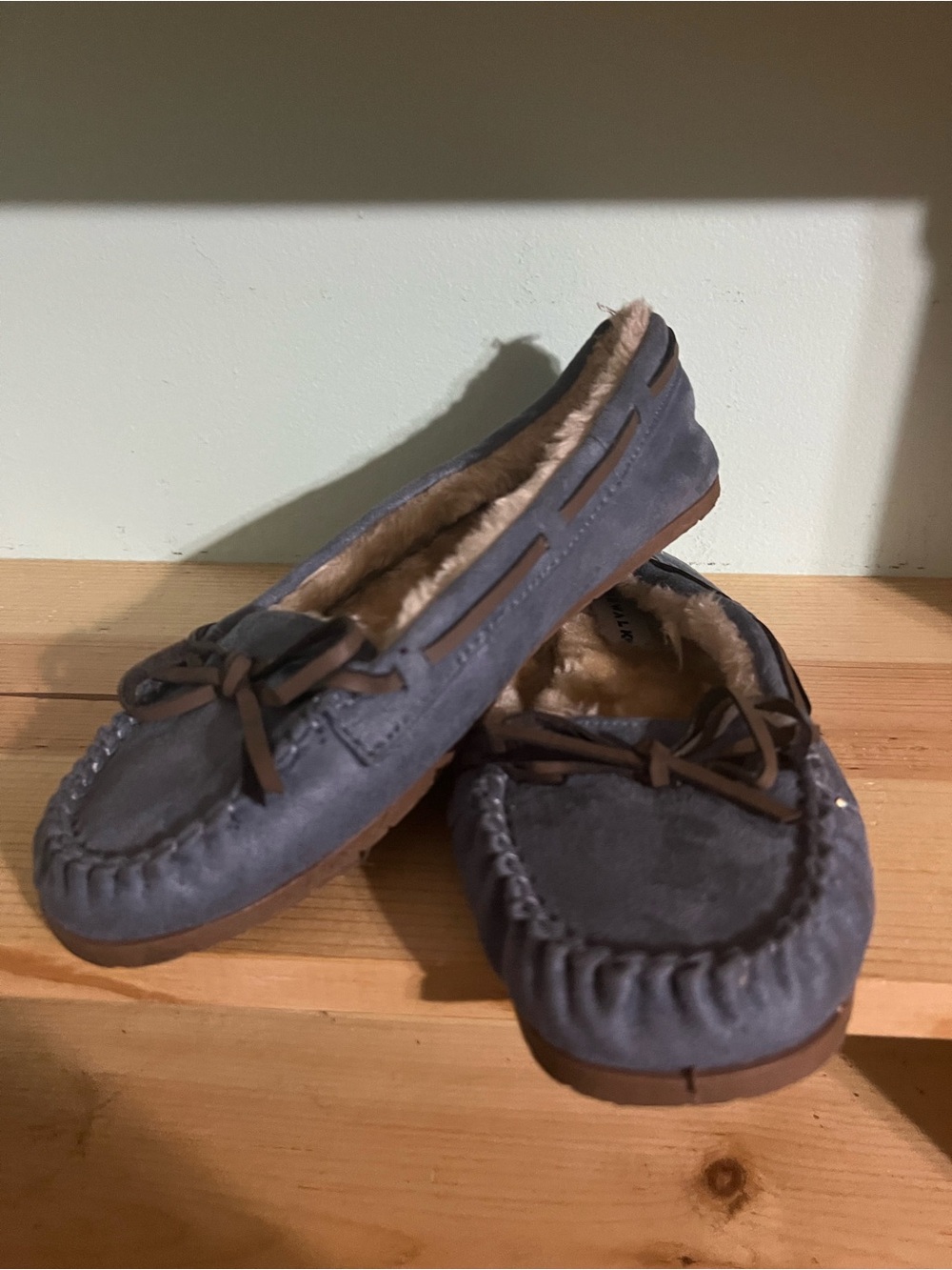 Women's Blue/Gray Suede Faux-Fur Lined Moccasin Slippers